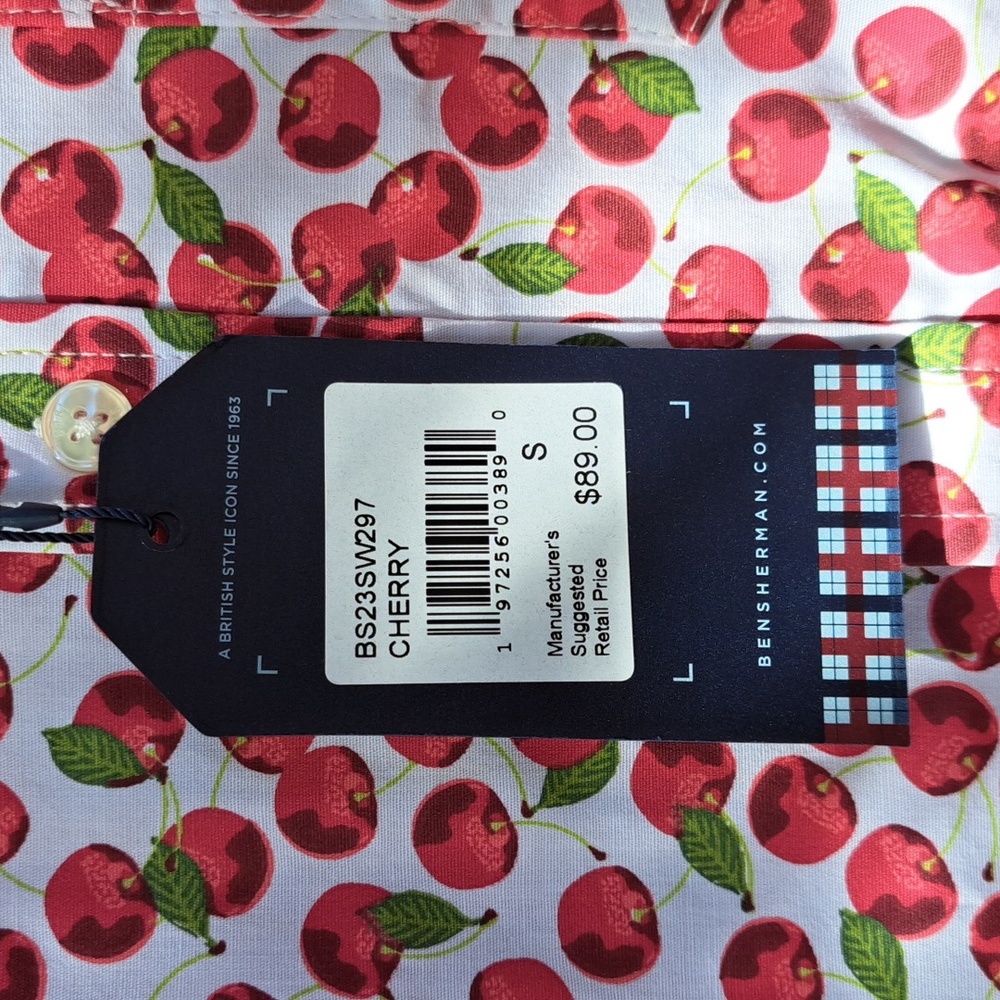 Nwt Ben Sherman Button Front Short Sleeve Shirt Cherry Pattern Stretch Men Sz S - Picture 9 of 9